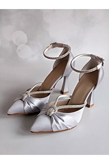 Modavien Women's Stoned Silver Satin Evening Dress Shoes 353