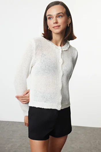 Trendyol Collection SofT TexTured Ecru KniTwear Cardigan - Tulle Embroidered, TWOAW25HI00305