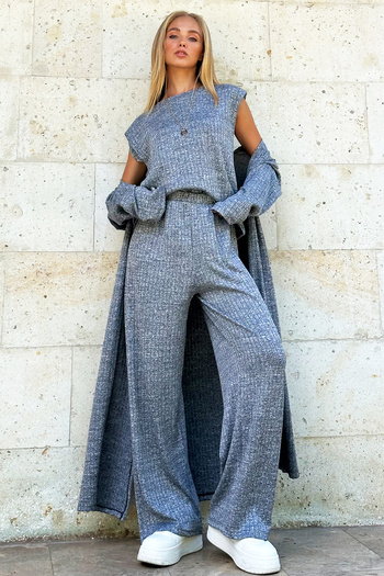 Trend Alaçatı Stili Grimelange Women's Set - SHoulder Padded Crew Neck Blouse, Trousers and Cardigan ALC-X4710