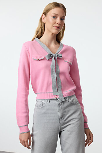 Trendyol Collection Knitwear Cardigan with Gray Ribbon Bow Detail - Twoaw25Hi00246