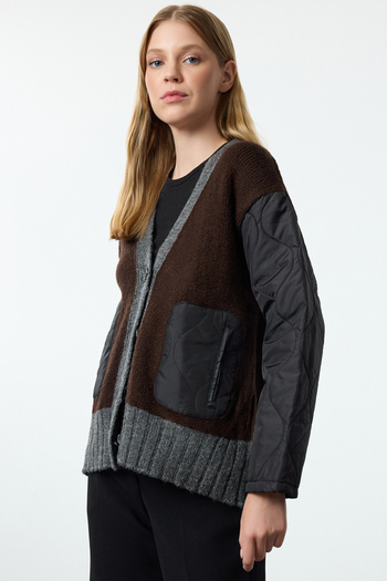 Trendyol Collection Color Blocked Anthracite Knitwear Cardigan - Soft Texture, Quilted Detail Twoaw25Hi00294