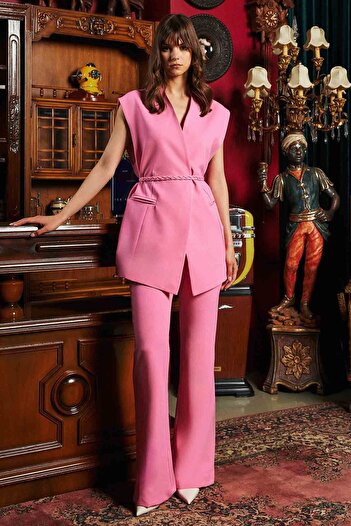 Hooopstore Pink Pants Suit with Knitted Belt