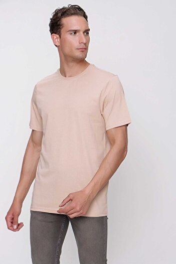 Morven Men's Beige Basic Plain 100% Cotton Crew Neck Slim Fit Narrow Cut Short Sleeve T-Shirt