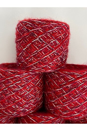 göçer Knitting Yarn Moher Cotton: Red Plum Cream and Glitter Visual Net 600Gr