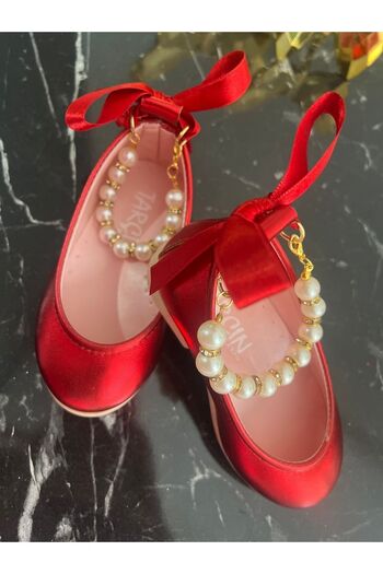 ADA ANNE ÇOCUK MODA Girl's Shiny Red Pearl Detailed Ballerina Shoes