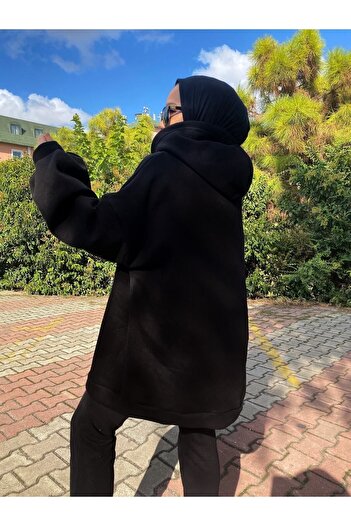 modabetce Extra Oversize Μαύρο Basic Γυναικείο Φούτερ 1003 από βαμβακερό ράστερ με 3 κλωστές