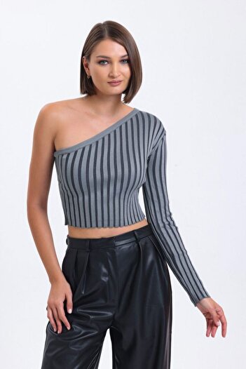 Hiccup One-Shoulder Ribbed Knitted Crop Blouse - Striped