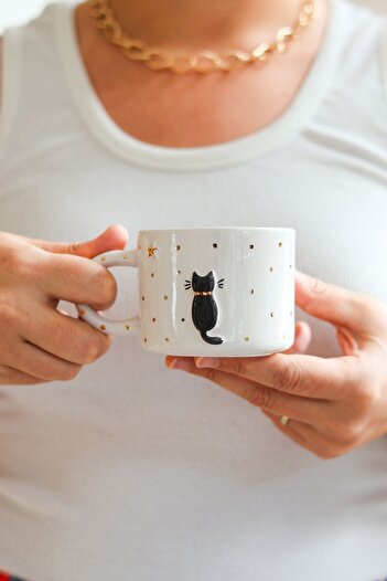 Özce Art Ceramic Atelier Cat Patterned Gold Detailed Handmade 200 ml Mug and Plate - Cat Series