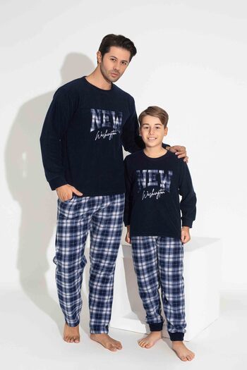 Tarık Navy Blue Plaid Patterned Fleece Fabric Long Sleeve Men's Pajama Set - Father-Sogul