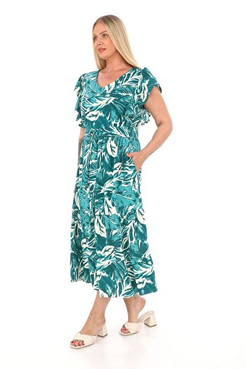 etselements Long Viscose Dress - Fly Sleeve, Crew Neck, Floral Print and Belted
