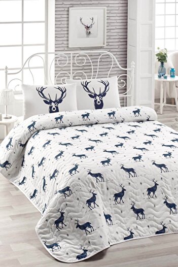 Eponj Home Single Person Quilted Bedspread Set Deer Navy Blue