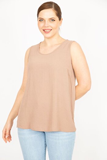 Şans Γυναικεία αμάνικη μπλούζα υφαντό Mink Plus Size 65n35968