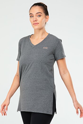 speedlife Anthracite Slim Fit Cotton V-Neck Short Sleeve Women's T-Shirt Sf03901