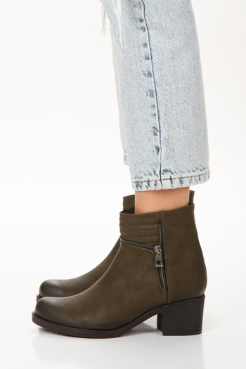 L&L Χακί Γυναικείες Μπότες - Nubuck Look, Χαμηλό Τακούνι