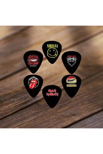 cantekin Gitar Pena 6 Adet Nirvana Metallica IronMaiden RollingStones Måneskin Zeppelin Çift Taraflı Baskılı