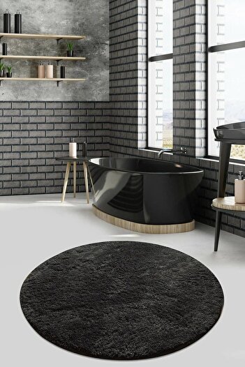 Sarar Round Solid Color Plush Fluffy Anti-Slip Gel Sole Black Color