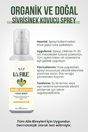LAFİLLE Sivrisinek Kene Bit Pire Böcek Kovucu Ve Koruyucu Etkili Doğal Bitkisel Vücut Spreyi 100ml