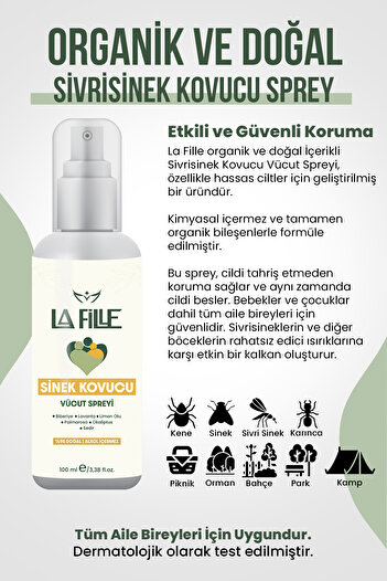 LAFİLLE Sivrisinek Kene Bit Pire Böcek Kovucu Ve Koruyucu Etkili Doğal Bitkisel Vücut Spreyi 100ml
