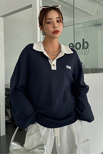 Sun Victoria Μπλε Navy Unisex Φούτερ Polo Neck Oversize - 3 Thread Raised