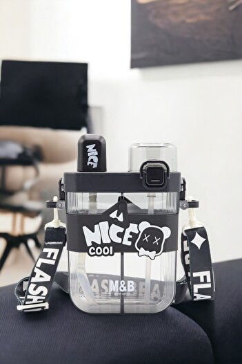 M&B WATER BOTTLE Double Compartment Nice Cool Flask, Double Lid, Children's Water Bottle with Straw and Neck Strap for School