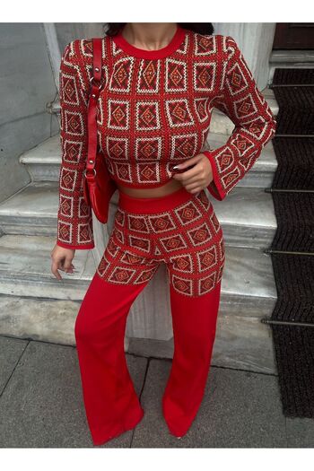 novalook Kilim Desen Pantolon Crop Kazak Triko Takım