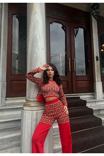 novalook Kilim Desen Pantolon Crop Kazak Triko Takım