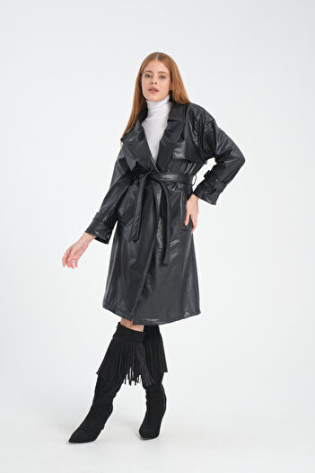 Esbersi Black Premium Leather Women's Trench Jacket