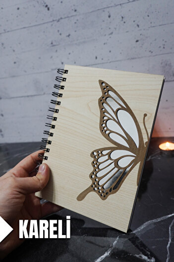 markcat Butterfly Themed Notebook with Wooden Cover - Checked Agenda and School Notebook (A5 - 120 Pages)