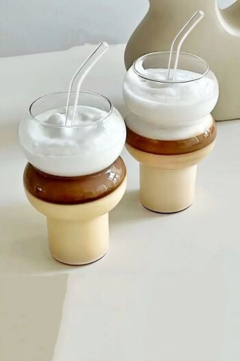 MİS KİTCHEN 400ml Cold and Hot Coffee Glass - 2 Cones Wavy and Glass Straw