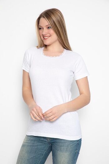 saac Round Neck White Lace Short Sleeve Women's Undershirt - 100% Cotton Combed Rib - 525