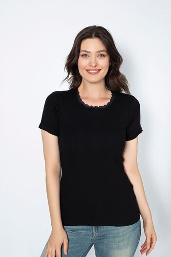 saac Round Neck Lace Black Women's Undershirt - 100% Cotton, Short Sleeve - 525