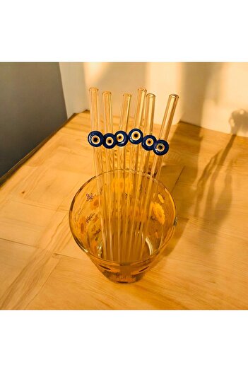 nazarboncuğu Transparent Glass 6-Piece Straw Set - Fan