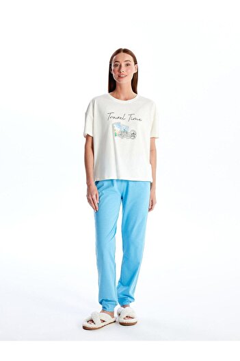 LC Waikiki LCW DREAM Mavi Bisiklet Yaka Baskılı Kısa Kollu Kadın Pijama Takımı