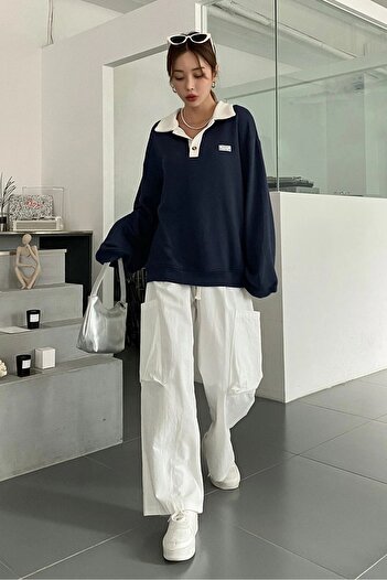 Sun Victoria Μπλε Navy Unisex Φούτερ Polo Neck Oversize - 3 Thread Raised