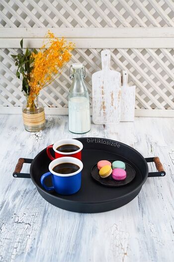 kitchen trend 51 Cm Kırmızı 37 Cm Siyah 2 Li Metal Yuvarlak Tepsi Sunum Tepsisi Çay Kahve Tepsisi