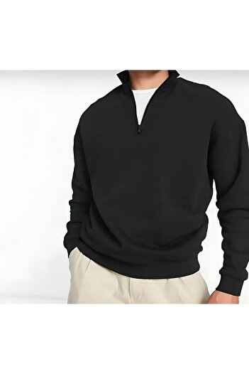 trendgar Black Plain Sweater - Stand Collar and Half Fermwar