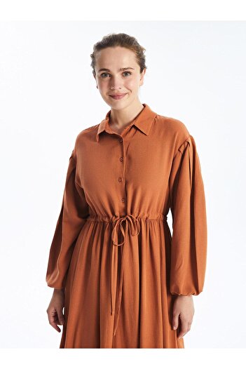 LC Waikiki Γυναικείο φόρεμα LCW Modest - Ανοιχτό χακί, γιακάς πουκάμισου, μακρυμάνικο, λινό μείγμα