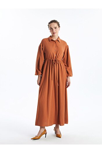LC Waikiki Γυναικείο φόρεμα LCW Modest - Ανοιχτό χακί, γιακάς πουκάμισου, μακρυμάνικο, λινό μείγμα
