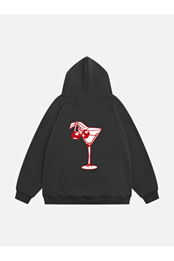 Mad&Calf Women's Cherry Cocktail Printed Hooded Fleece Oversize Sweatshirt