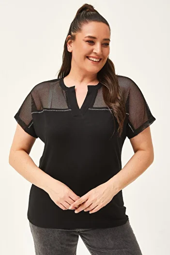 CAFCAF Plus Size Black Stone Detailed Mesh Blouse