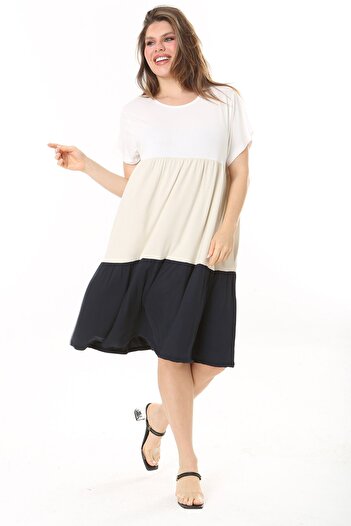 Şans Women's Large Size Colorful Color Combination Layered Short Sleeve Dress 65N37874
