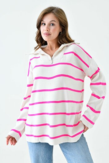 vuvutasarım Pink Striped Oversize Knitwear Sweater - Long Sleeve, Wide Zipper 2542