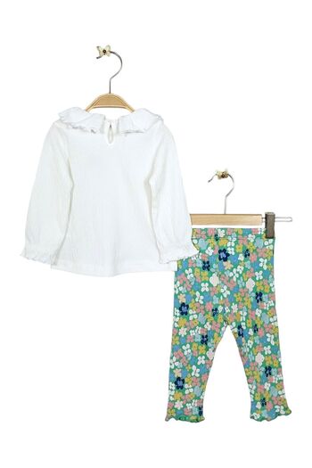 Via Girls White T-Shirt and Floral Leggings - Baby Girl, 9-24 Months Flounced Collar Clothing