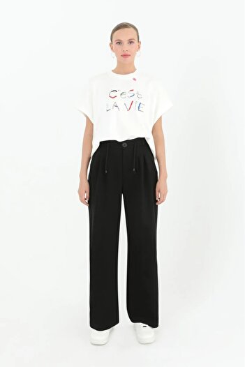 Puane Wide Leg Palazzo Trousers - Pleated Waist and Elastic Back 18165