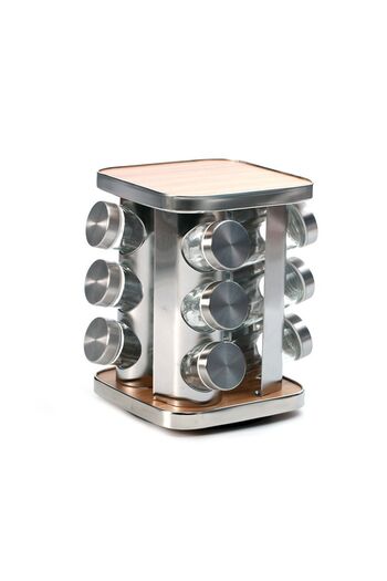Kingstone 12-Piece Stainless Steel Glass Spice Rack with Wooden Lid and Metal Rotating Stand Set of 12