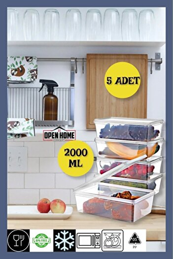 Open Home Concept 5 Self-Covered Storage Containers Suitable for Deep Freezer 2 Lt
