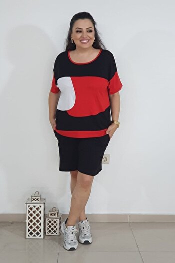 sinemisxxl lycra viscose red black shorts top and bottom set
