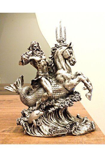 Antioch Art And Design Tasarım Atlı Poseidon Biblo Büyük Boy Mitolojik Heykel Ev Dekor Hediyelik Eşya Gümüş