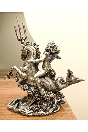Antioch Art And Design Tasarım Atlı Poseidon Biblo Büyük Boy Mitolojik Heykel Ev Dekor Hediyelik Eşya Gümüş