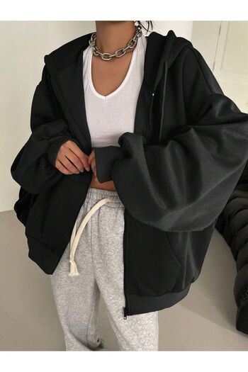 MODARİCH Plain Basic Cardigan - Black Winter Oversize Hooded Cardigan with Zipper Pocket Detail